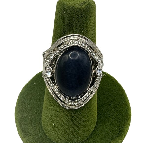 Vintage Silver-Tone Bllue Stone Adjustable Ring With Rhinestone Accents - Picture 2 of 5